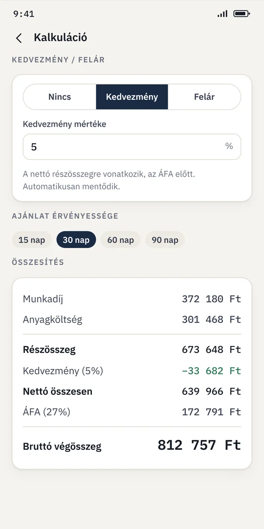 Kalkuláció kedvezménnyel és ÁFA-val