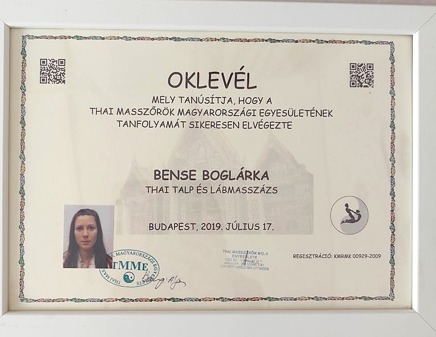 Oklevél – thai talp- és lábmasszázs képzés