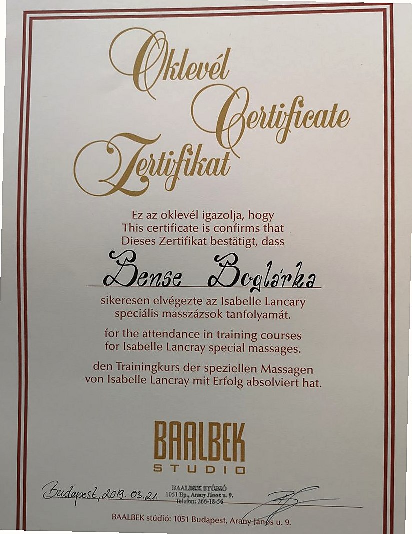 Oklevél – Isabelle Lancray speciális masszázsok
